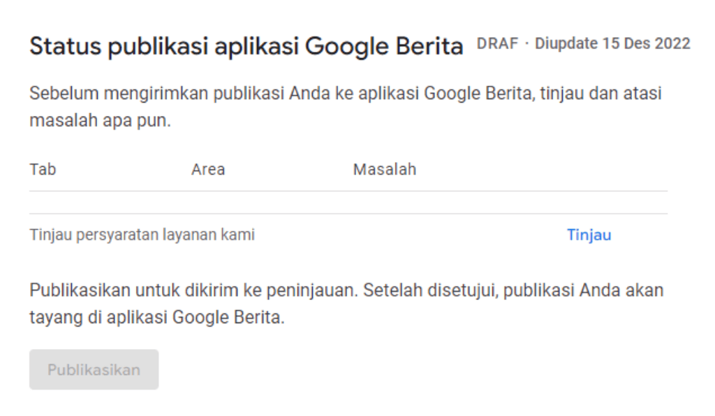 Status publikasi aplikasi google berita