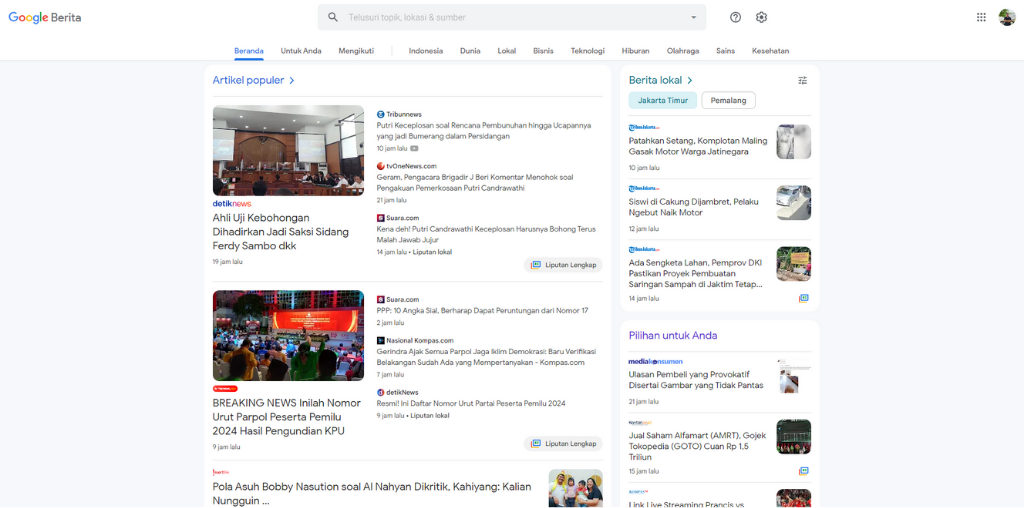 Tampilan Google News pada Desktop